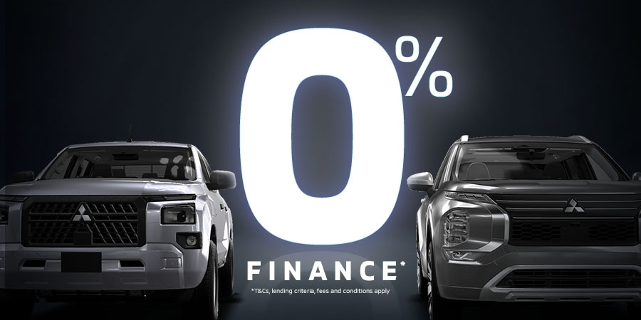 A glowing white 0% finance behind two front facing Mitsubishi cars